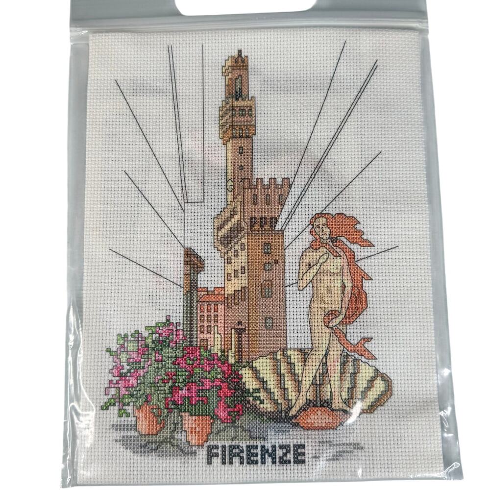 Vintage Firenze Italy Cross Stitch Kit Printed Aida Cloth Florence Embroidery